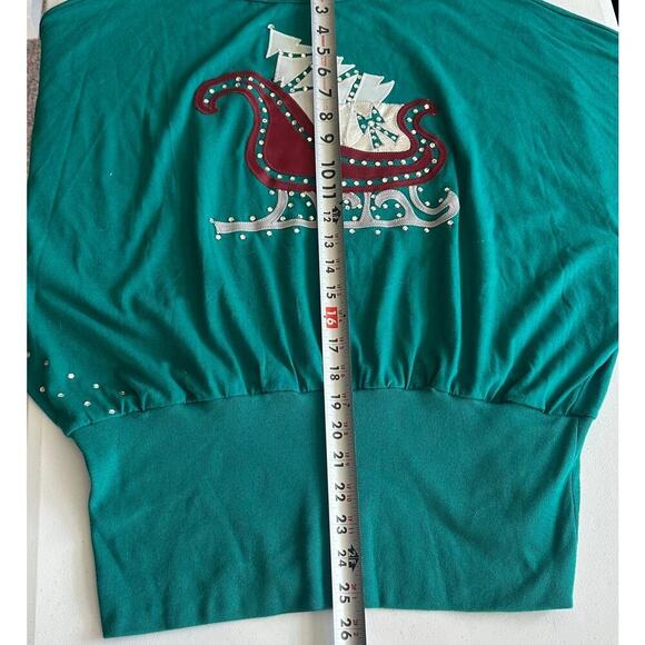 Vintage 80's Menehune Elves Green, Sleigh/Tree, Long Bat Sleeves Top-One Size - Picture 10 of 12